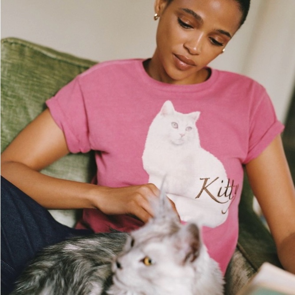 NWT Anthropologie French Cat Graphic Tee - Pink Kitty White Cat - S